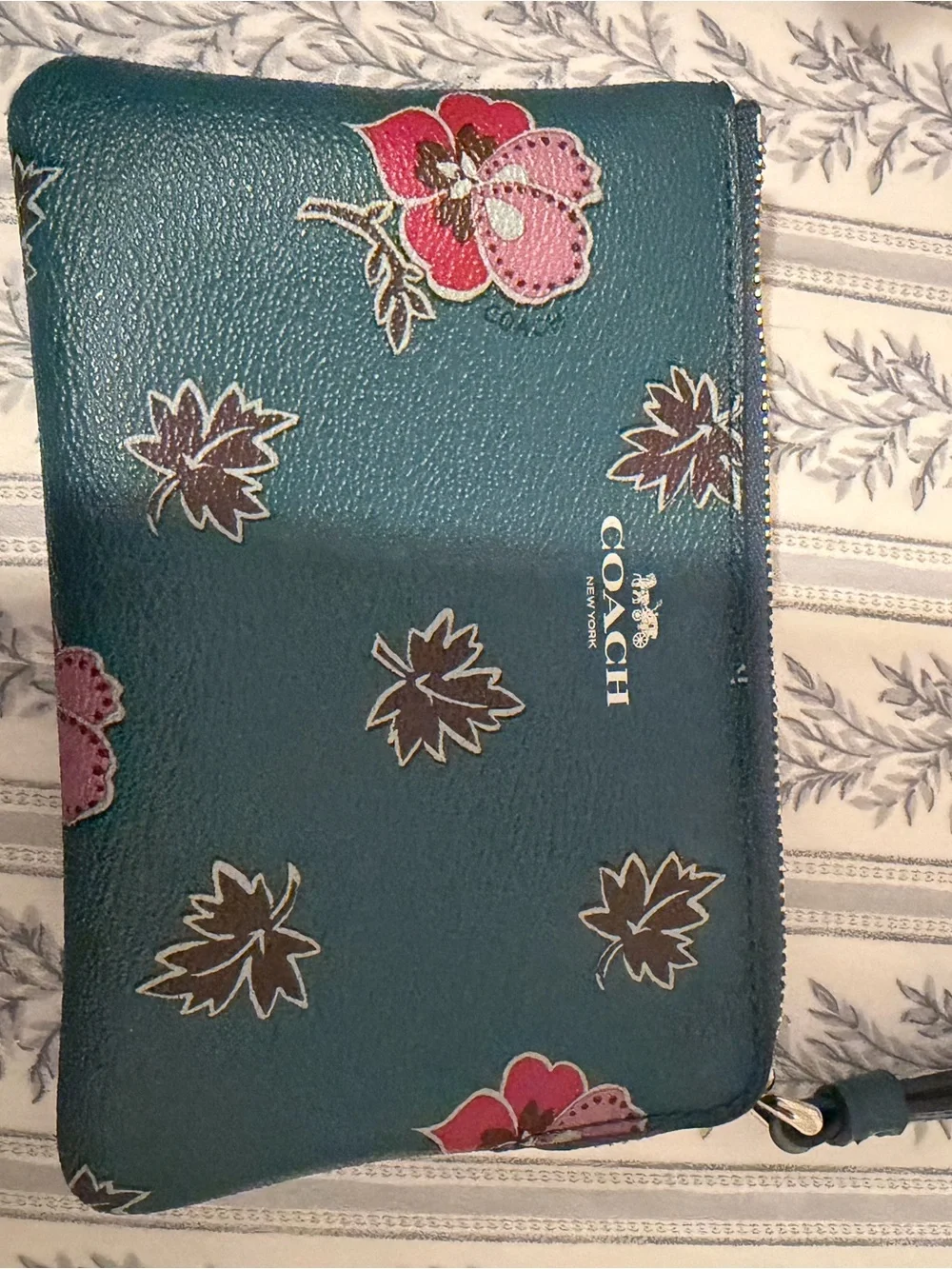 Coach Teal Floral Zip Wristlet and Card Case Set